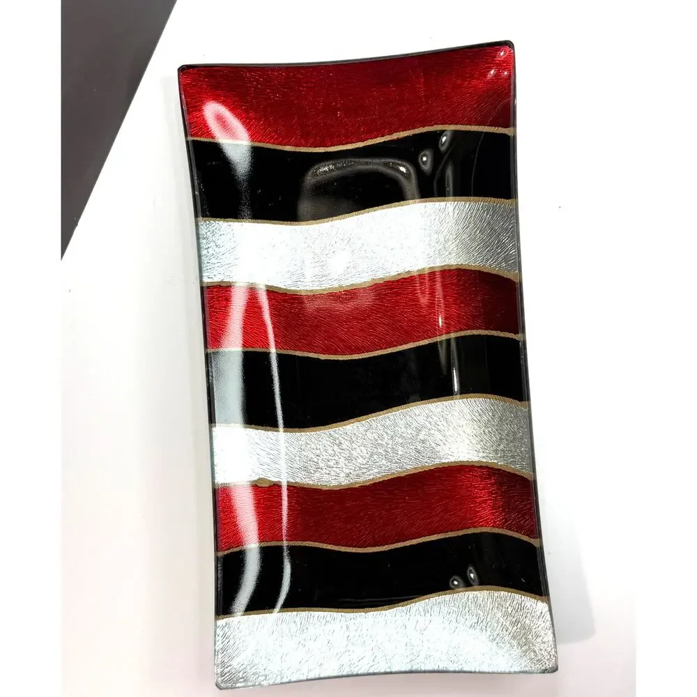 Unmarked Fused Glass Valet Tray Vertical Stripes in Metallic Red Black Silver